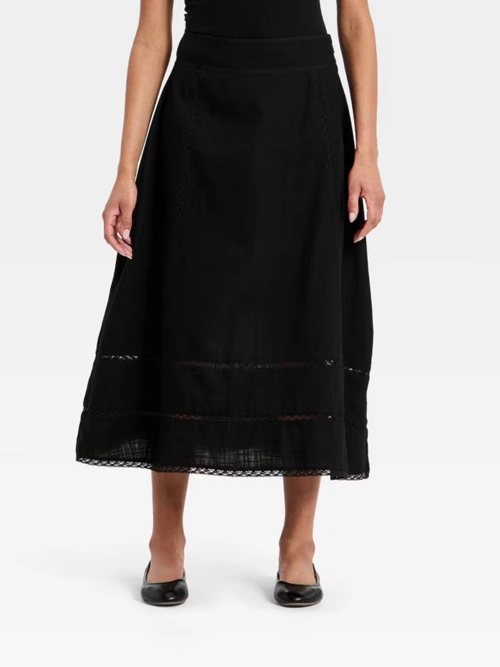 NWT Universal Thread Women's Cutwork Midi Full Skirt Cotton Black Sz 6 Lace Trim